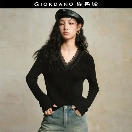 设计师款佐丹奴女装新款黑色拼接蕾丝花边V领修身针织衫18355924商品大图