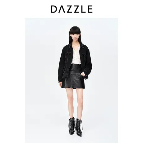 DAZZLE地素奥莱23春季新款黑色简约珠链装饰造型感休闲牛仔外套图片