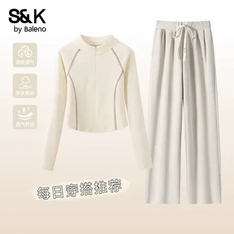 班尼路运动两件套女款秋季短款修身韩版打底衫重磅百搭阔腿裤子Q商品大图