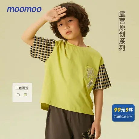 美特斯邦威童装短袖T恤男童夏格纹拼接圆领廓形针织商品大图