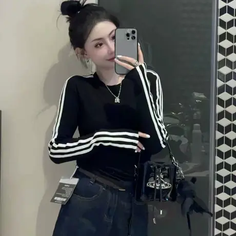 欧货2025秋季新款时尚百搭长袖圆领T恤条纹修身显瘦打底衫女上衣商品大图