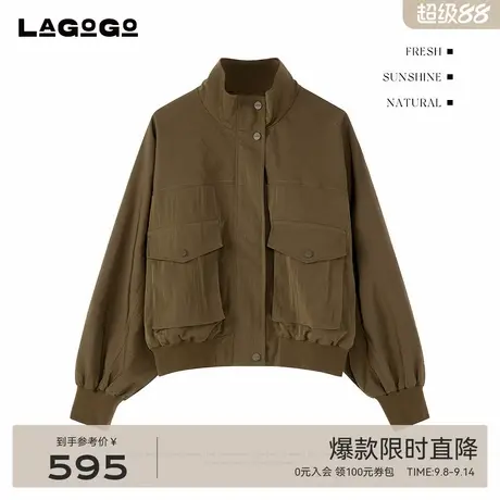 LAGOGO棕色立领短款外套女拉谷谷2025秋新款蝙蝠袖上衣OCWW538Q07商品大图