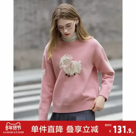 唐狮2025年毛衣女秋冬款可爱小羊女士圆领前胸袖子图案提花毛线衫图片