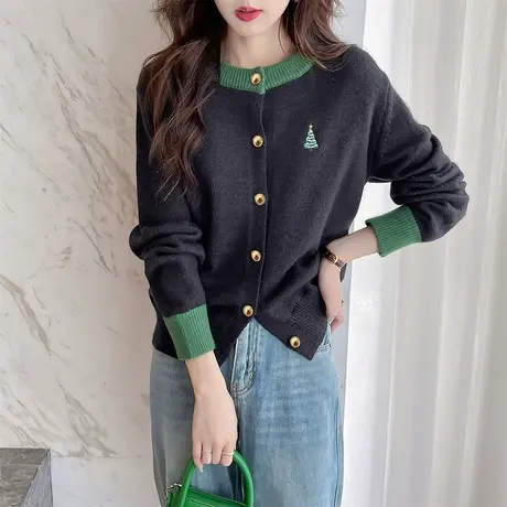 唐狮秋冬毛衣女灰色百搭精致刺绣圆领针织开衫外套高级感时尚tu商品大图