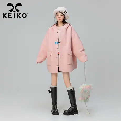 KEIKO [夹棉] 兔子耳朵连帽毛呢外套冬季少女感玫瑰粉色斗篷大衣商品大图