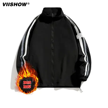 VIISHOW立领夹克男秋冬季新款潮牌宽松美式加绒外套条纹休闲上衣商品大图