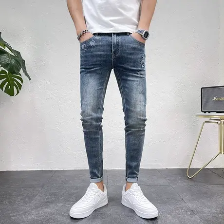 轻奢定制男士牛仔裤个性潮流镶钻烫印青年修身小脚铅笔牛仔长裤男商品大图