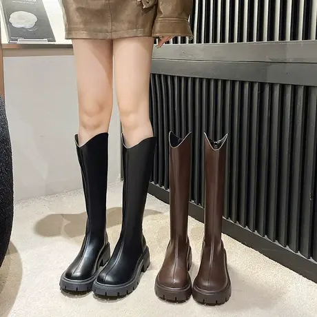 长筒靴女2023年春秋季新款小个子英伦风复古瘦瘦靴粗跟v口骑士靴商品大图
