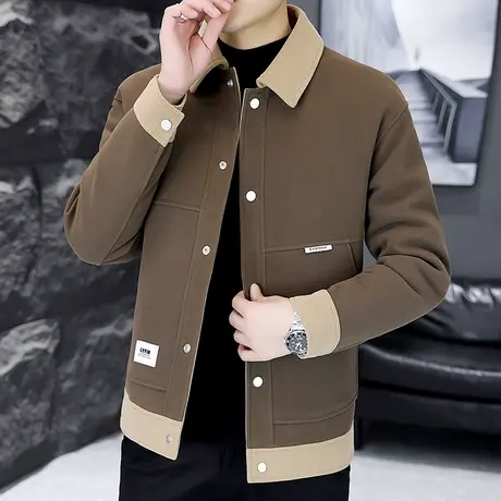 外套男士高档撞色翻领毛呢夹克秋冬季时尚简约加厚呢子茄克衫上衣商品大图