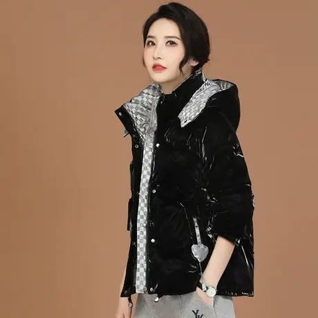 新品8.5折】设计感连帽亮面棉服棉衣女拼格子外套面包服图片