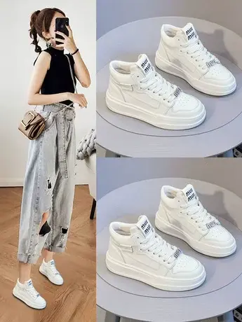 真皮小白鞋女款2023秋季新款板鞋百搭休闲厚底增高运动鞋高帮女鞋商品大图