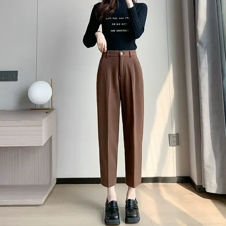 咖色毛呢西装裤子女秋冬季款小个子萝卜哈伦裤加厚休闲直筒烟管裤商品大图