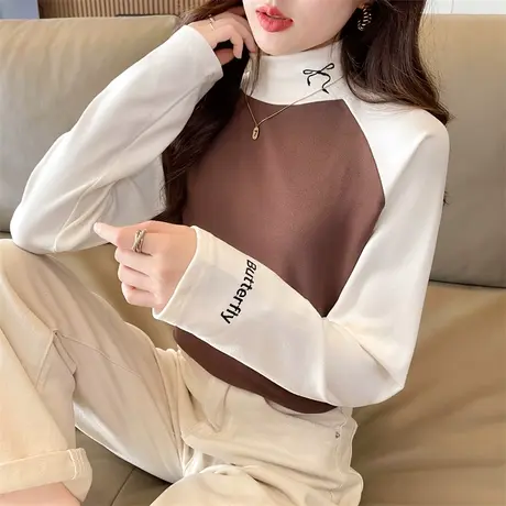 半高领撞色德绒长袖t恤女秋冬韩版修身加绒加厚小个子内搭打底衫图片