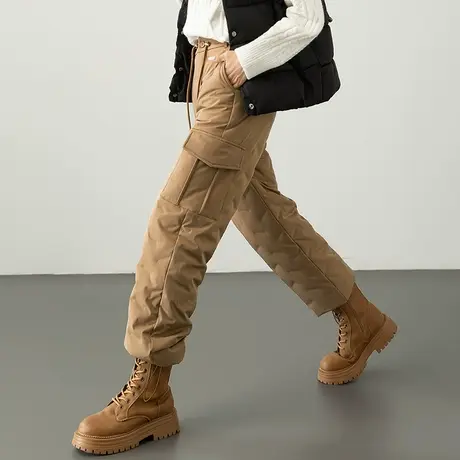 卡其色工装羽绒裤女2023新款冬季外穿宽松休闲直筒鸭绒加厚加绒裤商品大图