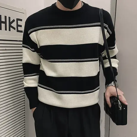 轻熟风撞色条纹毛衣男ins韩版小众高级感秋冬新款针织打底衫上衣商品大图