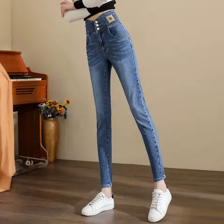 唐狮春秋季新款牛仔裤女高腰多扣显瘦修身弹力时尚紧身小脚裤TJ商品大图