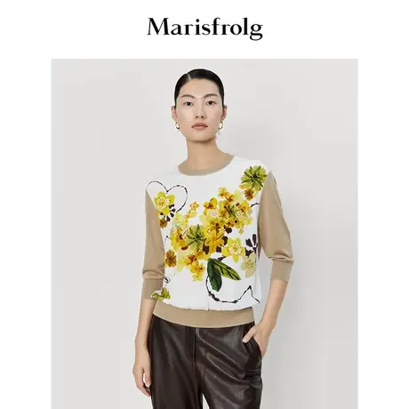 【真丝轻工艺】玛丝菲尔春季新款高阶艺术花卉圆领拼接针织衫商品大图