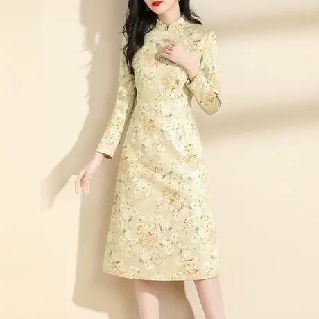 水墨青华2024春季新品立领新中式国风旗袍时尚花色麂皮绒连衣裙商品大图