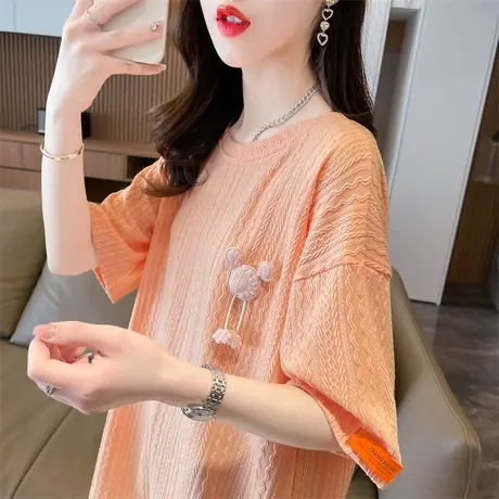 小众设计感短袖t恤女夏季韩版宽松大码女装中长款肌理感半袖上衣商品大图