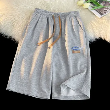 华夫格短裤男夏季美式痞帅宽松五分休闲裤高街刺绣嘻哈贴标运动裤商品大图