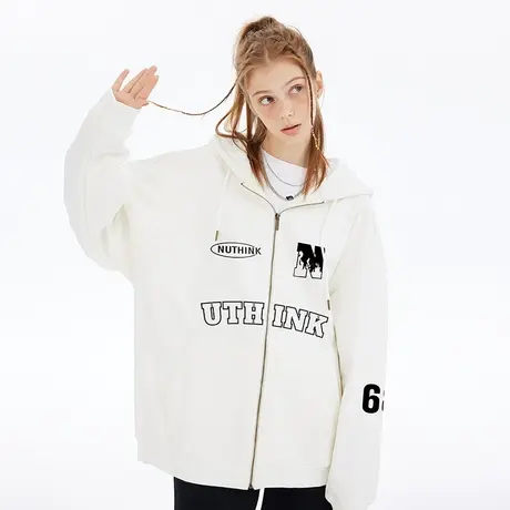 Nuthink欧美潮牌ins字母开衫卫衣男宽松大码春季加肥加大连帽外套商品大图
