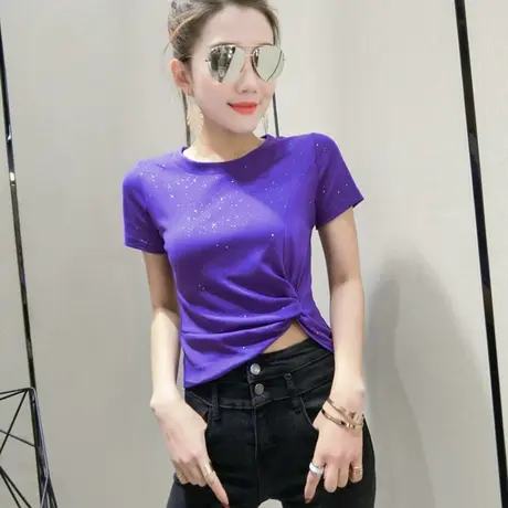 性感露脐T恤女短袖2023夏装新款修身短款上衣欧美时尚烫金丅恤潮商品大图