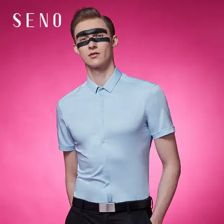 seno暗门襟弹力衬衫男短袖韩版修身正装浅蓝色夏季商务衬衣男商品大图