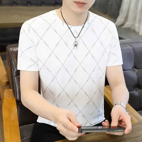 夏季短袖T恤男薄款上衣冰丝半袖格子汗衫夏装休闲打底衫圆领卫衣商品大图