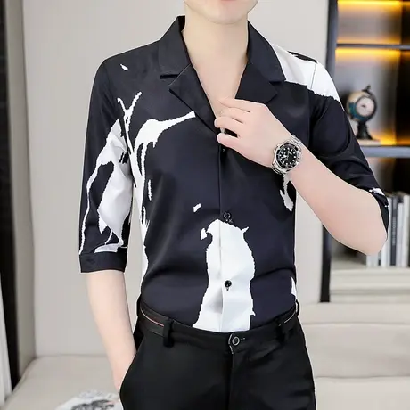 夏季高级设计感V领中袖衬衣男士潮牌韩版个性痞帅五分短袖薄衬衫商品大图