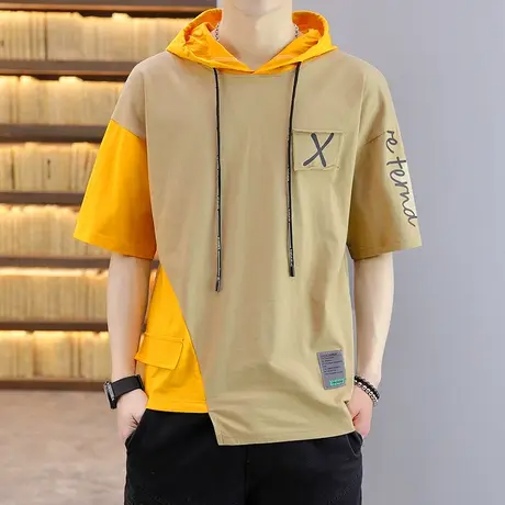 棉感短袖T恤男士夏季2025新款ins潮牌潮流宽松连帽撞色五分体恤衫图片