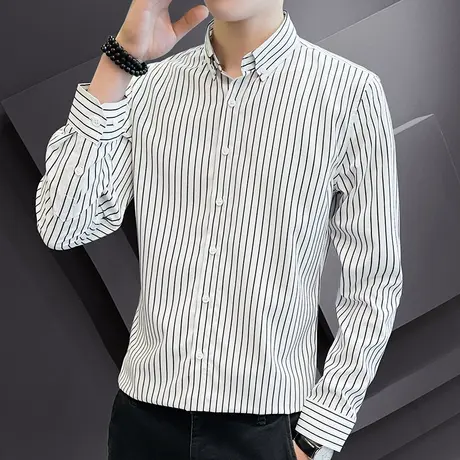2023新款春秋季新款男士长袖衬衫男韩版休闲条纹百搭衬衣男上衣潮商品大图