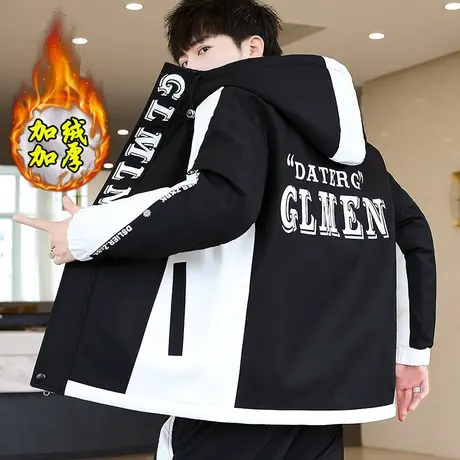 工装外套男加绒加厚冬季韩版潮流青年短款连帽男士夹克秋冬装衣服商品大图