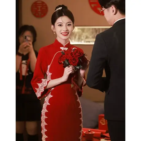 改良旗袍敬酒服高端2023新款复古蕾丝中式订婚回门便装礼服连衣裙图片