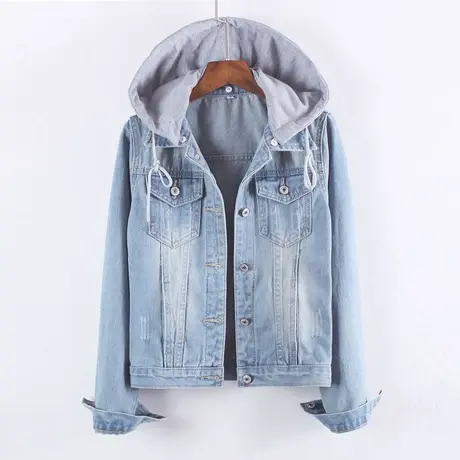 牛仔外套女连帽带帽春秋短款修身韩版新款学生长袖大码牛仔服上衣商品大图