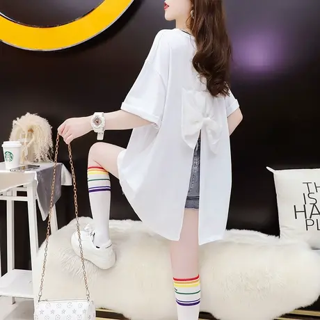 设计感短袖T恤女中长款2024新款夏季宽松网红小心机后边开叉上衣商品大图