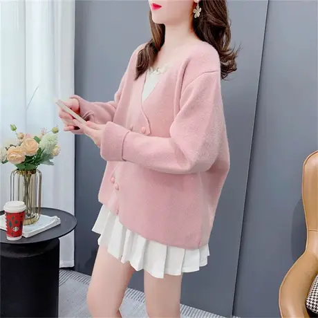 设计感不规则V领针织开衫女早秋2023新款宽松小清新毛衣外套上衣商品大图