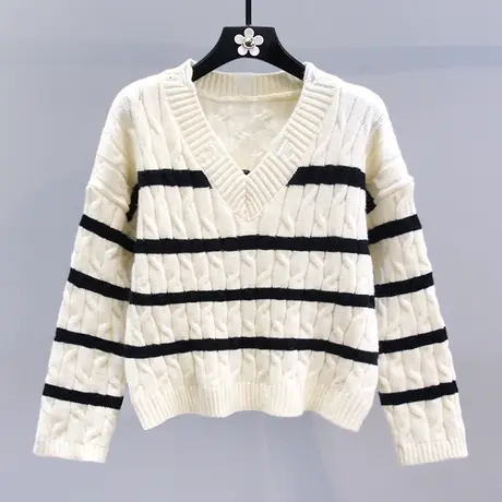 V领条纹麻花毛衣女秋冬2023新款复古慵懒风宽松设计感打底针织衫商品大图