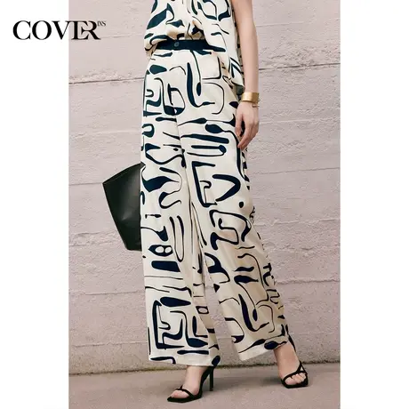 COVER夏季LOGO中高腰撞色阔腿裤图片