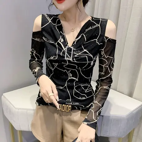 性感露肩T恤女长袖2024春季新款网纱V领打底衫内搭洋气印花上衣潮图片