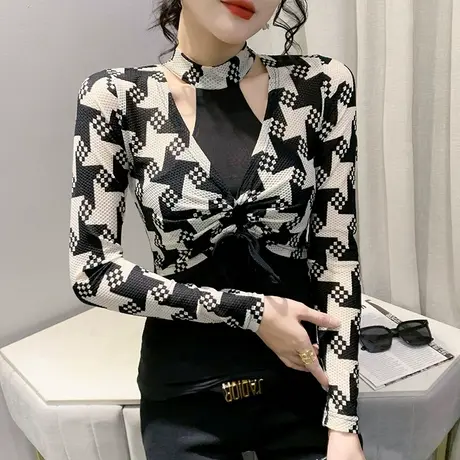 性感网纱T恤女长袖2024秋冬新款千鸟格印花上衣时尚系带紧身小衫图片