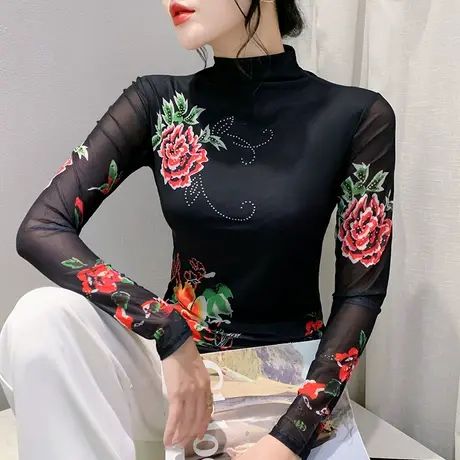 2024秋季半高领T恤女长袖性感网纱烫钻拼接上衣洋气修身透气小衫商品大图