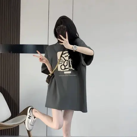 中长款t恤女短袖纯棉小熊设计感别致大码欧洲站休闲上衣2023夏季图片