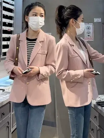 粉色小西装外套女2023春秋新款韩版宽松女士小西服休闲春秋装外套图片
