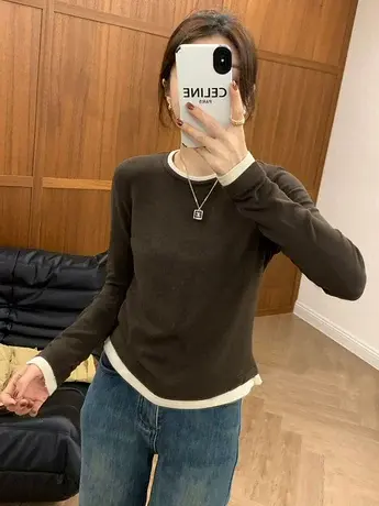 2023秋冬季新假两件长袖t恤卫衣修身加绒打底衫内搭短款德绒上衣商品大图