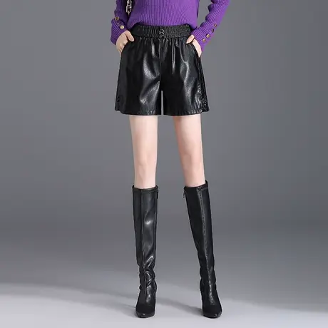 黑色松紧腰显瘦短裤女2023秋冬新款遮胯高腰时髦外穿A字阔腿皮裤图片