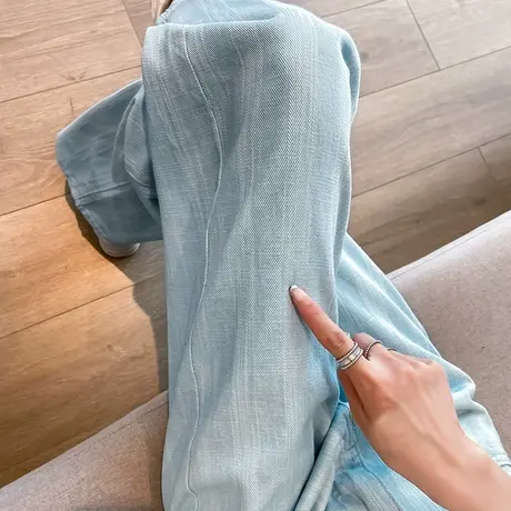 浅蓝阔腿牛仔裤女2023春秋新款高腰显瘦宽松垂感窄版小个子直筒裤商品大图