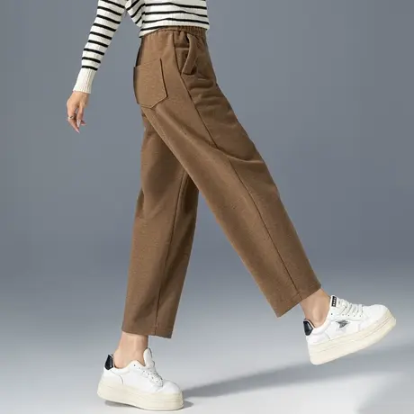 驼色毛呢裤子女秋冬2024新款小个子九分哈伦裤冬季加厚宽松休闲裤商品大图