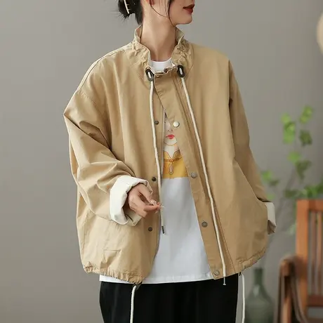 dza 文艺复古纯棉短外套女2023春季休闲抽绳外搭开衫宽松百搭上衣商品大图