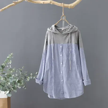 设计感小众连帽条纹拼接长袖衬衫女宽松套头打底衫休闲女装上衣棉商品大图