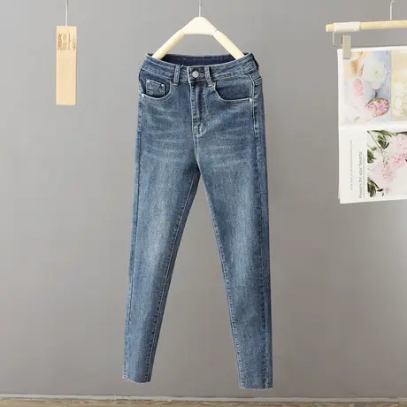 女装2024新款秋季高腰弹力蓝色牛仔裤小脚裤女显瘦毛边九分裤女裤图片